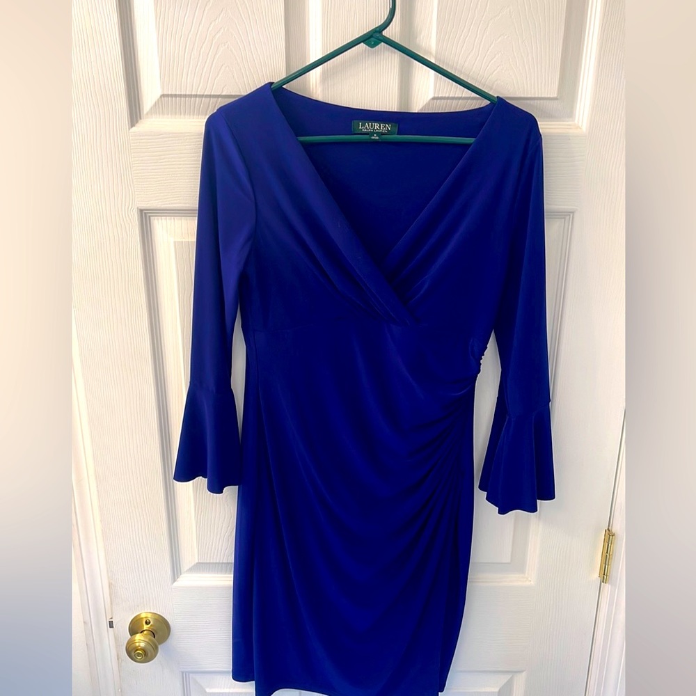 Ralph Lauren Bell Sleeve Faux Wrap Dress Blue Size 8